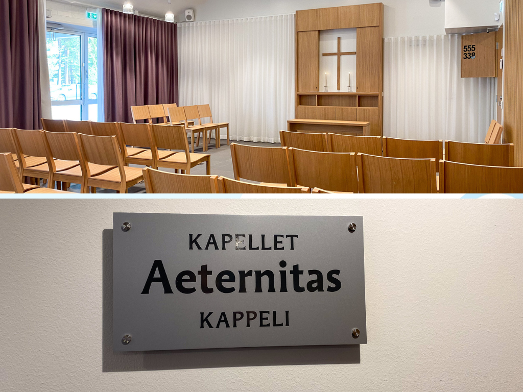 Bildkollage kapellutrymme och skylt med texten Kapellet Aeternitas Kappeli.